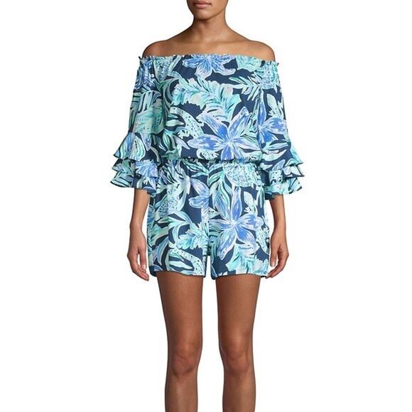 NWOT LILLY PULITZER Romper M Turquoise Blue”Calla”Off/On-Shoulder Ruffle Flounce
